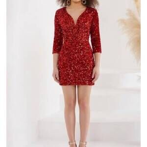 NEW HOUSE OF WU sequin short three quarter sleeve dress in red